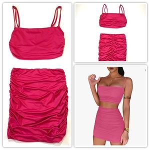 Hot Pink 2 Piece Body Con Cami Crop Top and Ruched Mini Skirt Dress Medium - EUC